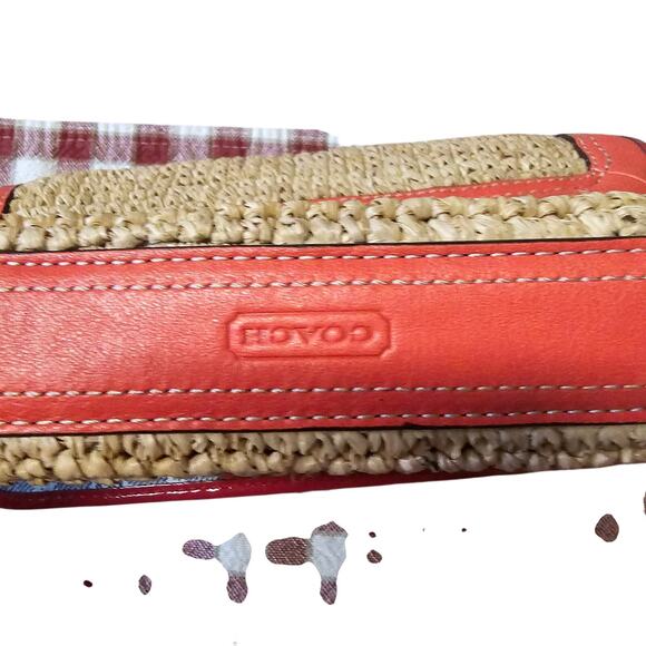 Coach Straw Rafia Flap Clutch Wristlet Natural/Tangerine - Picture 5 of 9